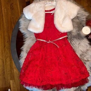 Knitworks Holiday skater dress with belt and faux fur bolero. Size 6. NWT